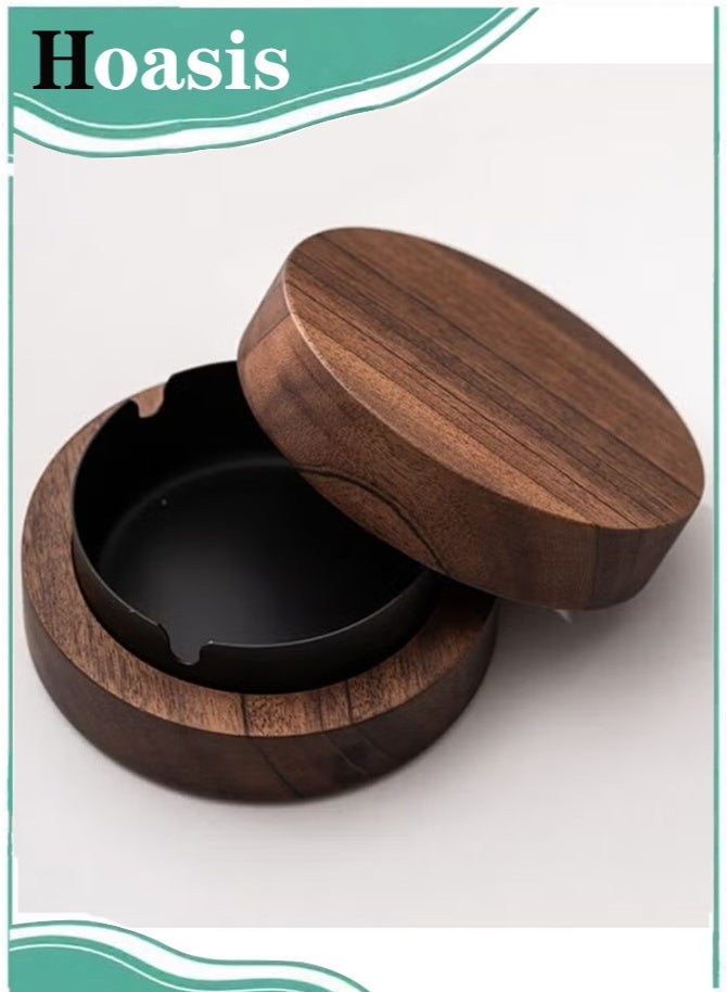 Hoasis 3 Slot Portable Wooden Ashtray with Lid – Stainless Steel Liner, Windproof Durable Ash Tray for Indoor & Outdoor Use, Home Office Decoration - Image 1